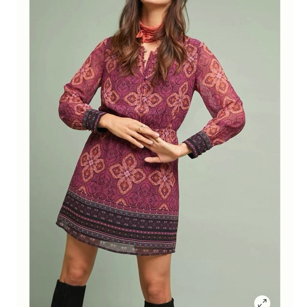 Anthropologie Maeve Meredith Print Dress Maroon Geometric Small Petite